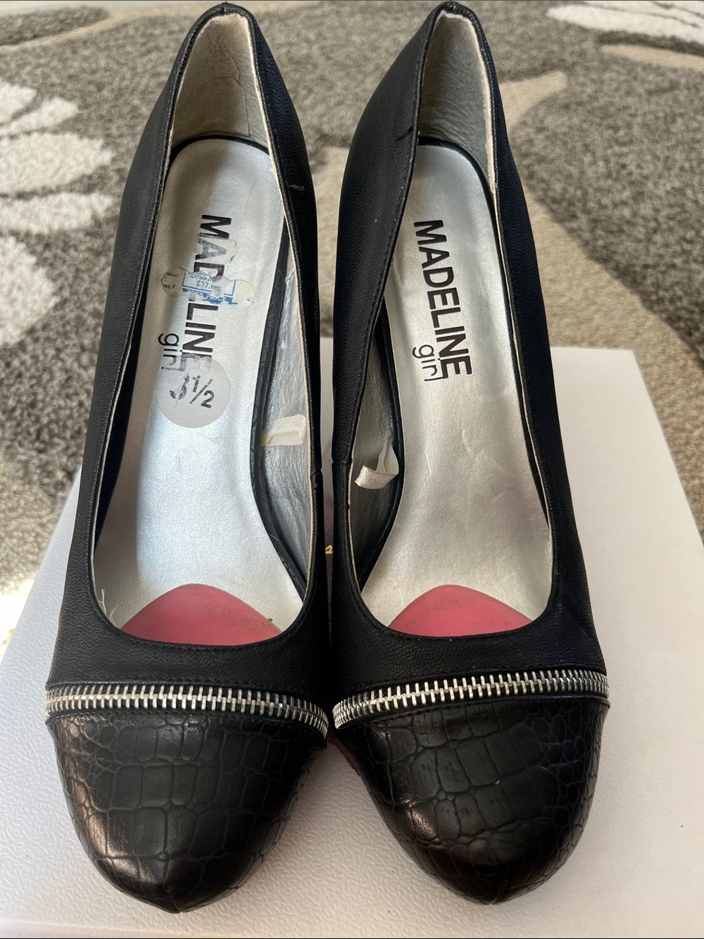 Madeline Black Croc-Texture Zip-Trim Pump.